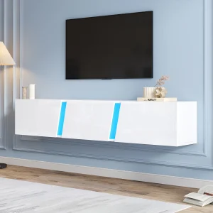 180cm wandgemonteerde tv-standaard met 3 compartimenten, led-verlichting, hoogglans design, tv tot 75 inch – wit (180x35x30cm) 180cm wandgemonteerde tv-standaard met 3 compartimenten, led-verlichting, hoogglans design, tv tot 75 inch – wit (180x35x30cm)