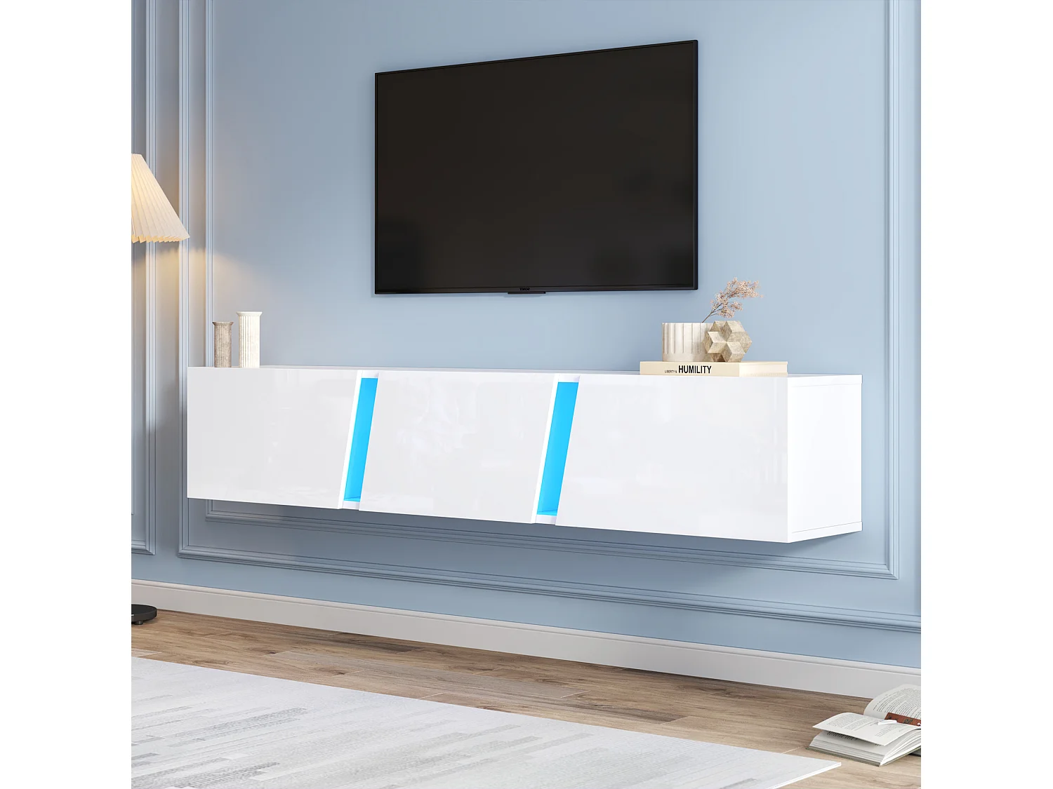 180cm wandgemonteerde tv-standaard met 3 compartimenten, led-verlichting, hoogglans design, tv tot 75 inch – wit (180x35x30cm)