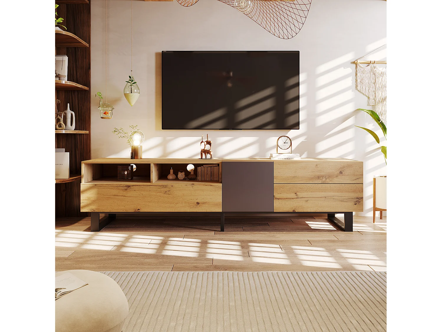 180 cm kleurenblok-tv-meubel, 2 kasten en 2 lades, zwart MDF en hout, tv tot 59 inch (180 x 37 x 42 cm)