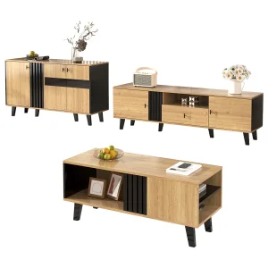 3-delige woonkamermeubelset, salontafel, tv-meubel en dressoir, modern design in hout en zwart (100x60x45 cm, 170x40x50,5 cm, 80x120x40 cm) 3-delige woonkamermeubelset, salontafel, tv-meubel en dressoir, modern design in hout en zwart (100x60x45 cm, 170x40x50,5 cm, 80x120x40 cm)