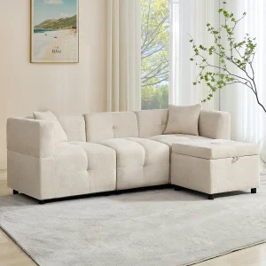 3-zits hoekbank – 204 x 126 x 69 cm – met opbergruimte + afneembare voetenbank + 2 kussens – Chenille – wit