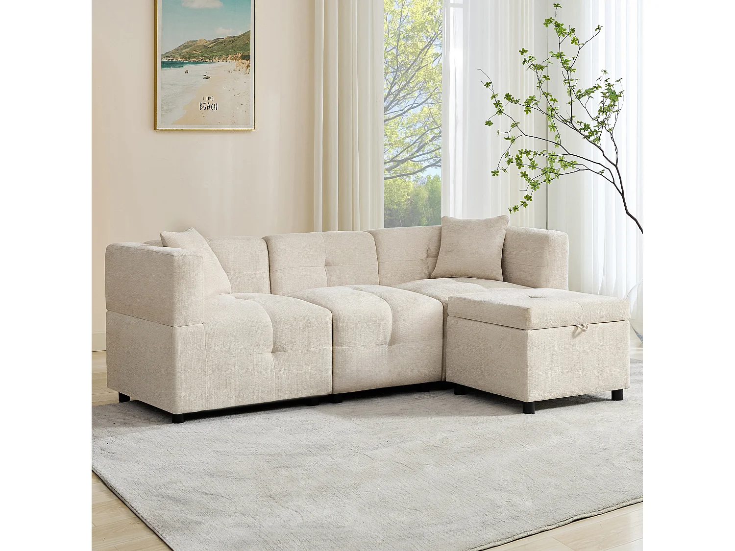 3-zits hoekbank - 204 x 126 x 69 cm - met opbergruimte + afneembare voetenbank + 2 kussens - Chenille - wit