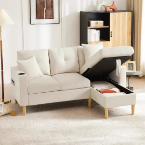 3-zitsbank met chaise longue – 175 x 129 x 90 cm – met opbergruimte + 2 kussens – katoen + linnen – beige 3-zitsbank met chaise longue – 175 x 129 x 90 cm – met opbergruimte + 2 kussens – katoen + linnen – beige