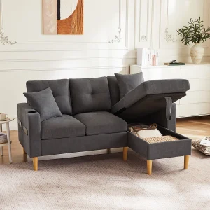 3-zitsbank met chaise longue – 175 x 129 x 90 cm – met opbergruimte + 2 kussens – katoen + linnen – donkergrijs