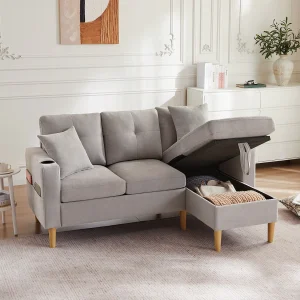 3-zitsbank met chaise longue – 175 x 129 x 90 cm – met opbergruimte + 2 kussens – katoen + linnen – lichtgrijs