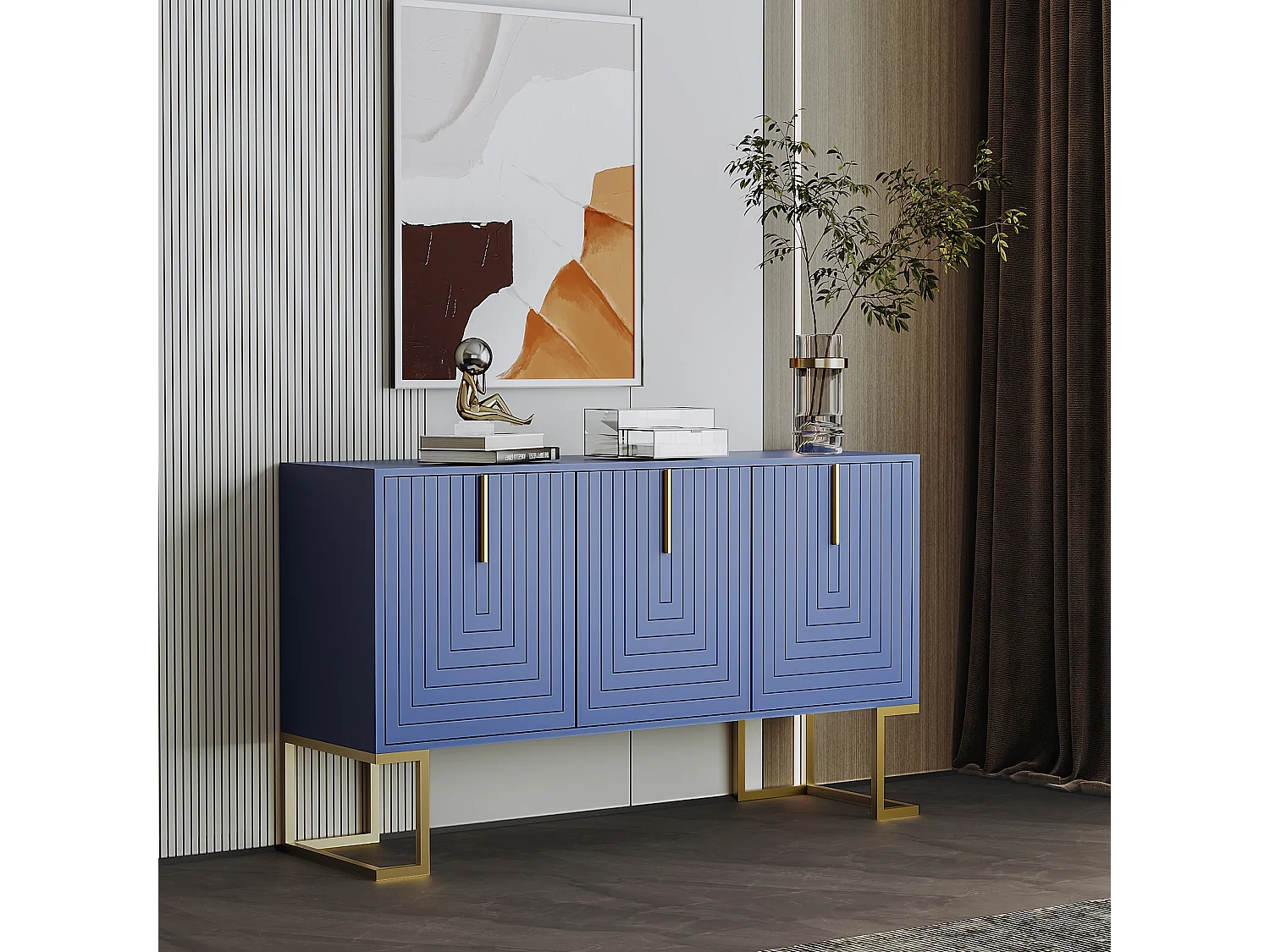 3-deurs dressoir met verstelbare planken, U-vormige deuren, metalen handgrepen en onderstel, MDF, marineblauw (138x40x80,5 cm)