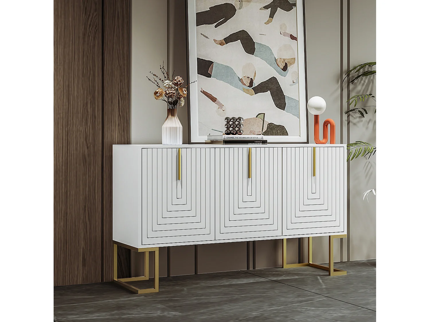 3-deurs dressoir met verstelbare planken, U-vormige deuren en metalen handgrepen, MDF, wit (138x40x80,5 cm)