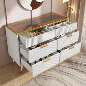 Amberkleurige glazen ladekast met 6 lades, scheidingswand, kantelbeveiliging, hoge kast voor slaapkamer en woonkamer, wit (120x40x76 cm) Amberkleurige glazen ladekast met 6 lades, scheidingswand, kantelbeveiliging, hoge kast voor slaapkamer en woonkamer, wit (120x40x76 cm)