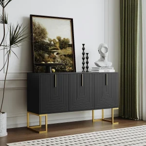 3-deurs dressoir met verstelbare planken, U-vormige deuren en metalen handgrepen, MDF, zwart (138x40x80,5 cm) 3-deurs dressoir met verstelbare planken, U-vormige deuren en metalen handgrepen, MDF, zwart (138x40x80,5 cm)