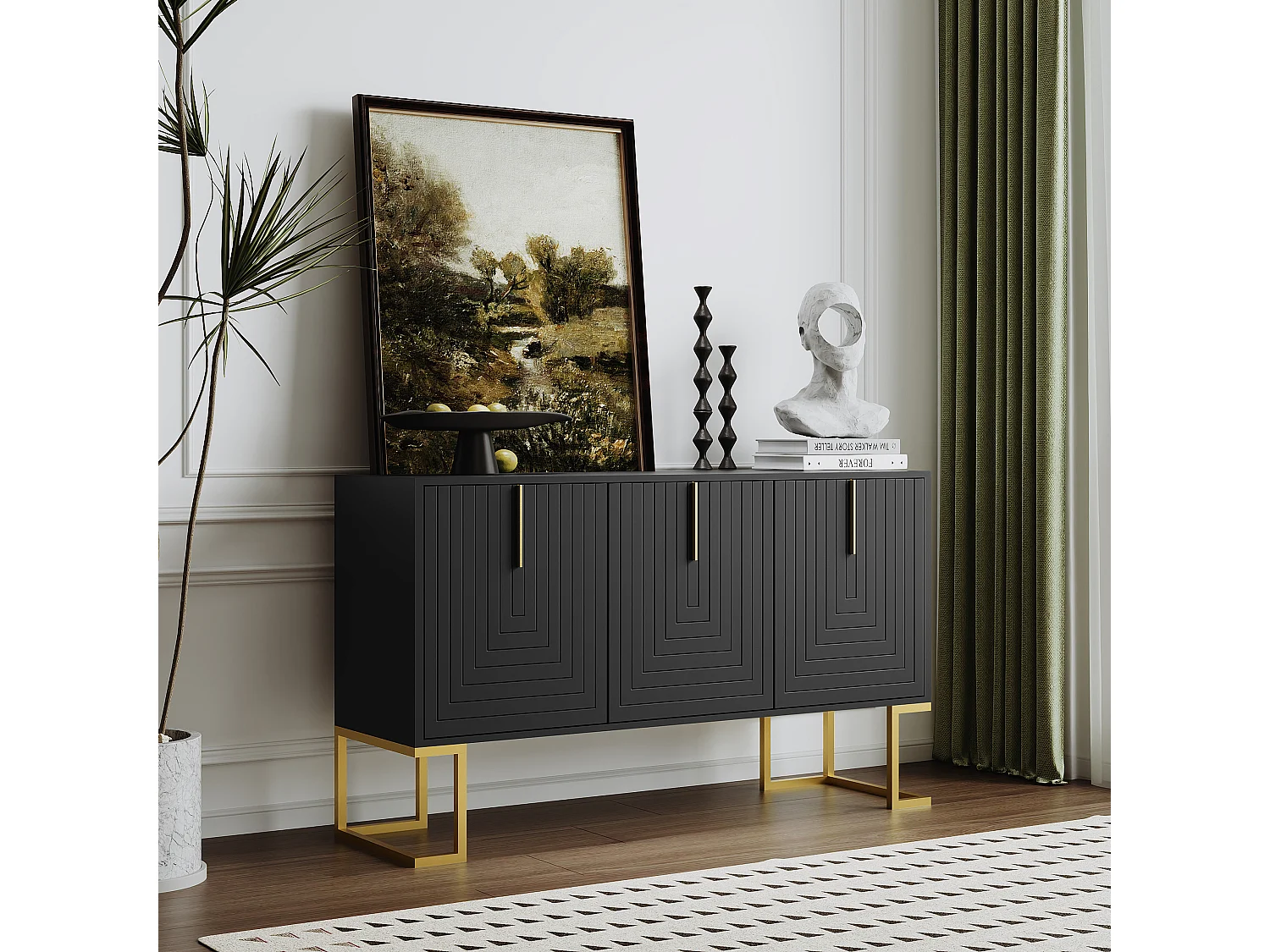 3-deurs dressoir met verstelbare planken, U-vormige deuren en metalen handgrepen, MDF, zwart (138x40x80,5 cm)