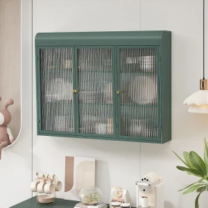 3-deurs wandkast, gebogen design, glazen front met metalen frame, voor keuken, woonkamer en badkamer, donkergroen (90x20x70 cm) 3-deurs wandkast, gebogen design, glazen front met metalen frame, voor keuken, woonkamer en badkamer, donkergroen (90x20x70 cm)