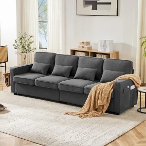 4-zitsbank – Bank met armleuningen en 4 kussens – donkergrijs linnen – voor woonkamers en kantoren 4-zitsbank – Bank met armleuningen en 4 kussens – donkergrijs linnen – voor woonkamers en kantoren