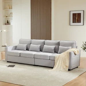 4-zitsbank – Bank met armleuningen en 4 kussens – lichtgrijs linnen – voor woonkamers en kantoren 4-zitsbank – Bank met armleuningen en 4 kussens – lichtgrijs linnen – voor woonkamers en kantoren