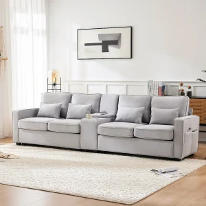 4-zitsbank – Bank met 2 bekerhouders en 2 USB-laders – Armleuningzakken en 4 kussens – Lichtgrijs linnen 4-zitsbank – Bank met 2 bekerhouders en 2 USB-laders – Armleuningzakken en 4 kussens – Lichtgrijs linnen