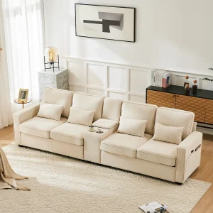 4-zitsbank – Bank met 2 bekerhouders en 2 USB-laders – Armleuningzakken en 4 kussens – Beige linnen 4-zitsbank – Bank met 2 bekerhouders en 2 USB-laders – Armleuningzakken en 4 kussens – Beige linnen