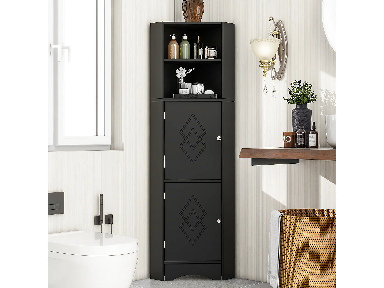 Badkamerhoekkast, met 2 legplanken, modern design, MDF, zwart (36,5x36,5x155 cm)