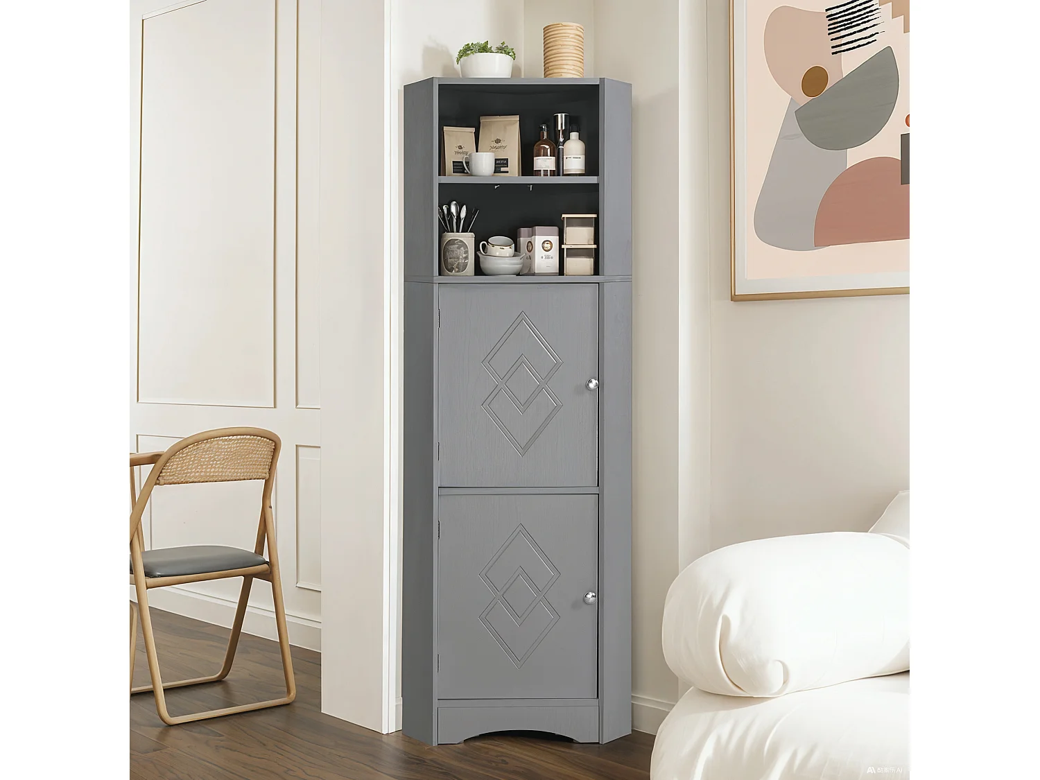 Badkamerhoekkast, met 2 legplanken, open vak en verstelbare plank, modern design, MDF, grijs (36,5x36,5x155 cm)