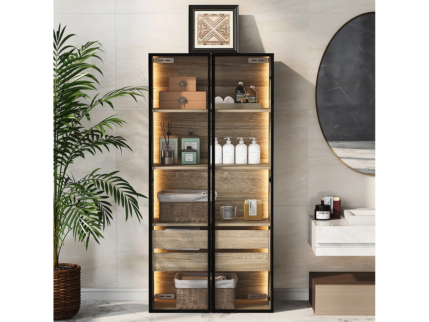 Badkamerkast met 2 deuren, 2 grote lades, geïntegreerde LED, MDF, licht hout, 73x36x155 cm
