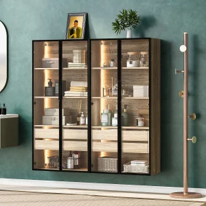 2-delige badkamermeubelset, met ledverlichting, 2 deuren, 2 grote lades, MDF, lichte houtkleur, (73x36x155 cm) 2-delige badkamermeubelset, met ledverlichting, 2 deuren, 2 grote lades, MDF, lichte houtkleur, (73x36x155 cm)
