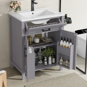 Badkamermeubel met wastafel, deur met planken, modern design, MDF, grijs (60x46x84,8 cm) Badkamermeubel met wastafel, deur met planken, modern design, MDF, grijs (60x46x84,8 cm)