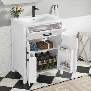 Badkamermeubel met wastafel, deur met planken, modern design, MDF, wit (60x46x84,8 cm) Badkamermeubel met wastafel, deur met planken, modern design, MDF, wit (60x46x84,8 cm)