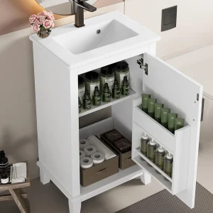 Badmeubel met poten – met keramische wastafel – 1 deur – verstelbare planken – Wit (kraan niet inbegrepen)