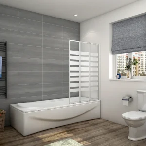 130x140cm Badwand 3-delig vouwbaar,4 mm transparant veiligheidsglas met horizontale strepen – mat wit profiel 130x140cm Badwand 3-delig vouwbaar,4 mm transparant veiligheidsglas met horizontale strepen – mat wit profiel