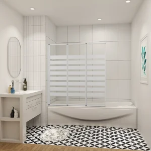 130x140cm Badwand 3-delig vouwbaar,4mm transparant veiligheidsglas met horizontale strepen – mat wit profiel 130x140cm Badwand 3-delig vouwbaar,4mm transparant veiligheidsglas met horizontale strepen – mat wit profiel