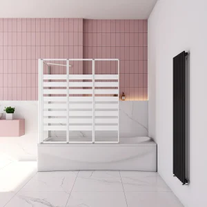 Badwand 3 panelen vouwbaar 100x140cm en zijwand 75cm,4mm NANO helder veiligheidsglas,mat zwarte profiel – linkerkant installeren