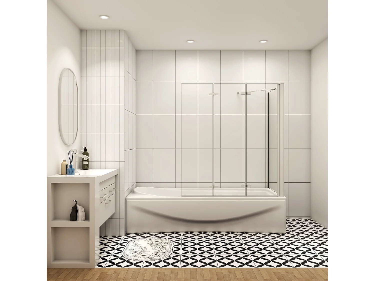 130x80x140cm Badscherm badwand 3 panelen vouwbaar met vast zijwand,6mm NANO helder ESG-veiligheidsglas - mat wit profiel