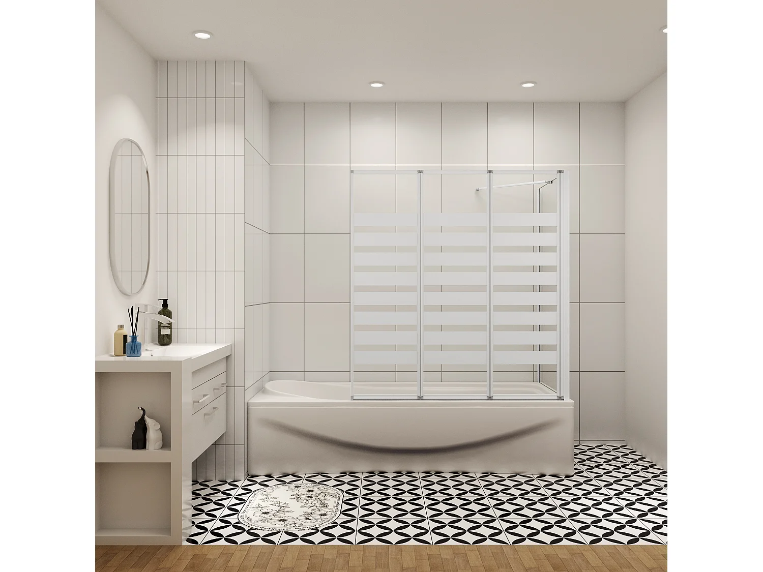Badwand 3 panelen vouwbaar 100x140cm en zijwand 70cm,4mm NANO helder veiligheidsglas,mat zwarte profiel - rechterkant installeren