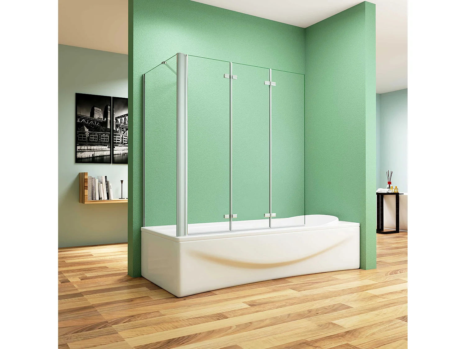 130x70x140cm Badscherm badwand 3 panelen vouwbaar met vast zijwand,6mm NANO helder ESG-veiligheidsglas,profiel van glanzend chroom