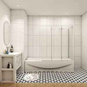 130x75x140cm Badscherm badwand 3 panelen vouwbaar met vast zijwand,6mm NANO helder ESG-veiligheidsglas – mat wit profiel 130x75x140cm Badscherm badwand 3 panelen vouwbaar met vast zijwand,6mm NANO helder ESG-veiligheidsglas – mat wit profiel