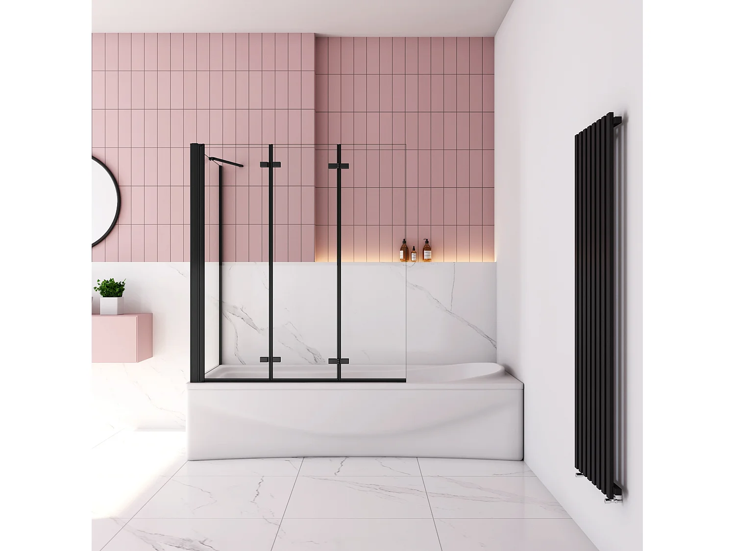 130x70x140cm Badscherm badwand 3 panelen vouwbaar met vast zijwand,6mm NANO helder ESG-veiligheidsglas- mat zwart profiel