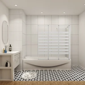 Badwand 3 panelen vouwbaar 100x140cm en zijwand 75cm,4mm NANO helder veiligheidsglas,mat zwarte profiel – rechterkant installeren