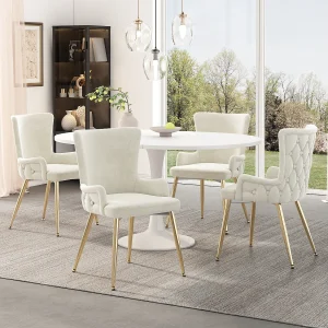4-delige fluwelen eetkamerstoelenset met gouden metalen poten, beige (62,23 x 58,42 x 55,88 cm) 4-delige fluwelen eetkamerstoelenset met gouden metalen poten, beige (62,23 x 58,42 x 55,88 cm)