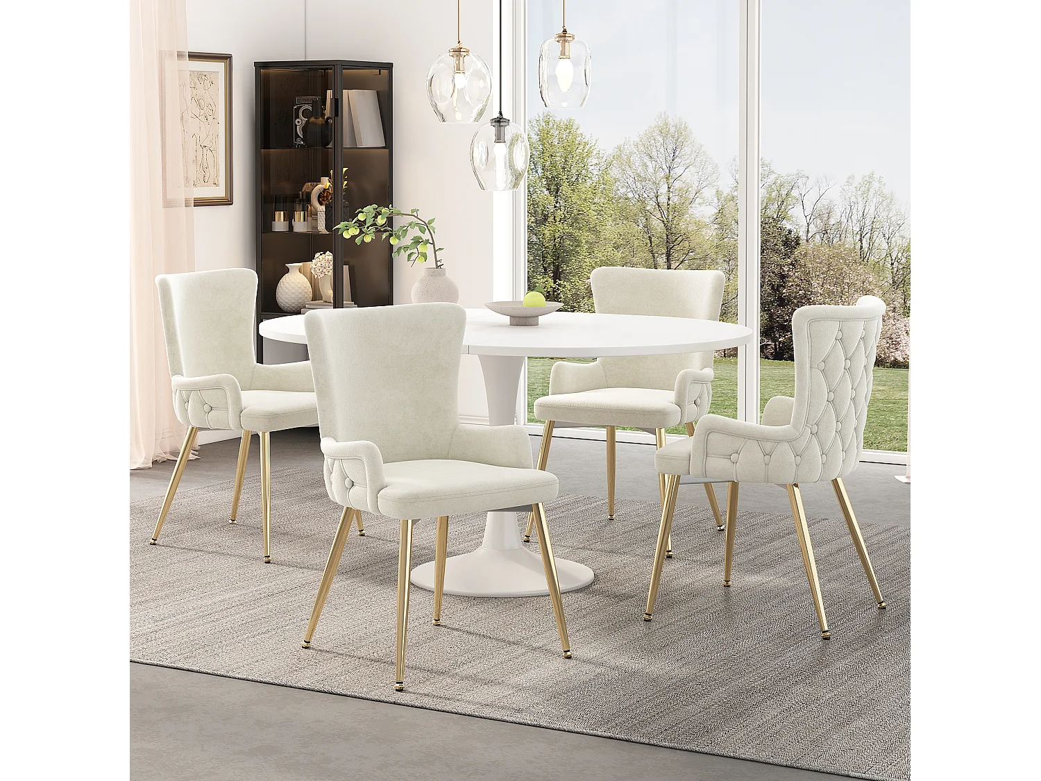 4-delige fluwelen eetkamerstoelenset met gouden metalen poten, beige (62,23 x 58,42 x 55,88 cm)
