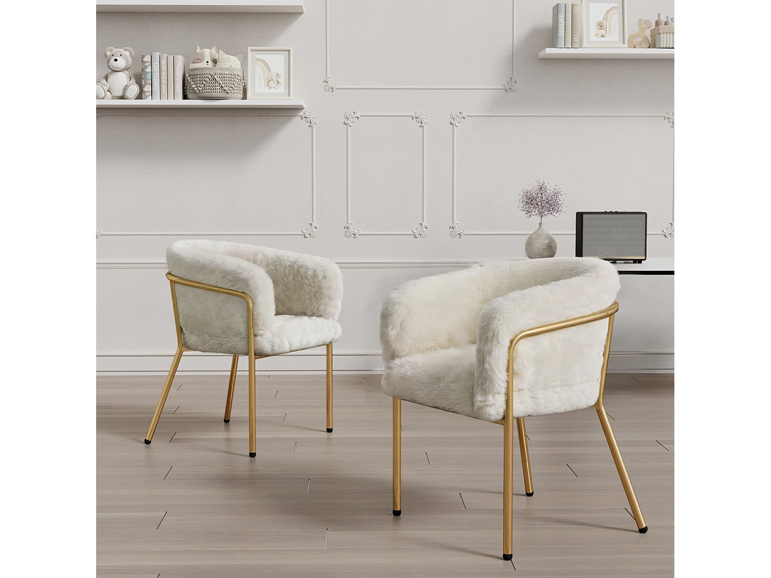 2-delige relaxfauteuil, lichte luxe, metalen poten, beige imitatiebont (64,77 x 59,69 x 55,88 cm)