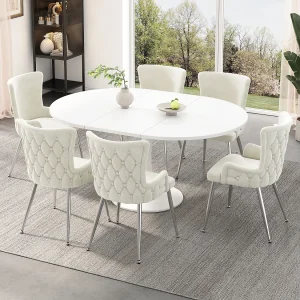 6-delige fluwelen eetkamerstoelenset met zilveren metalen poten, beige (62,87 x 58,42 x 55,88 cm) 6-delige fluwelen eetkamerstoelenset met zilveren metalen poten, beige (62,87 x 58,42 x 55,88 cm)