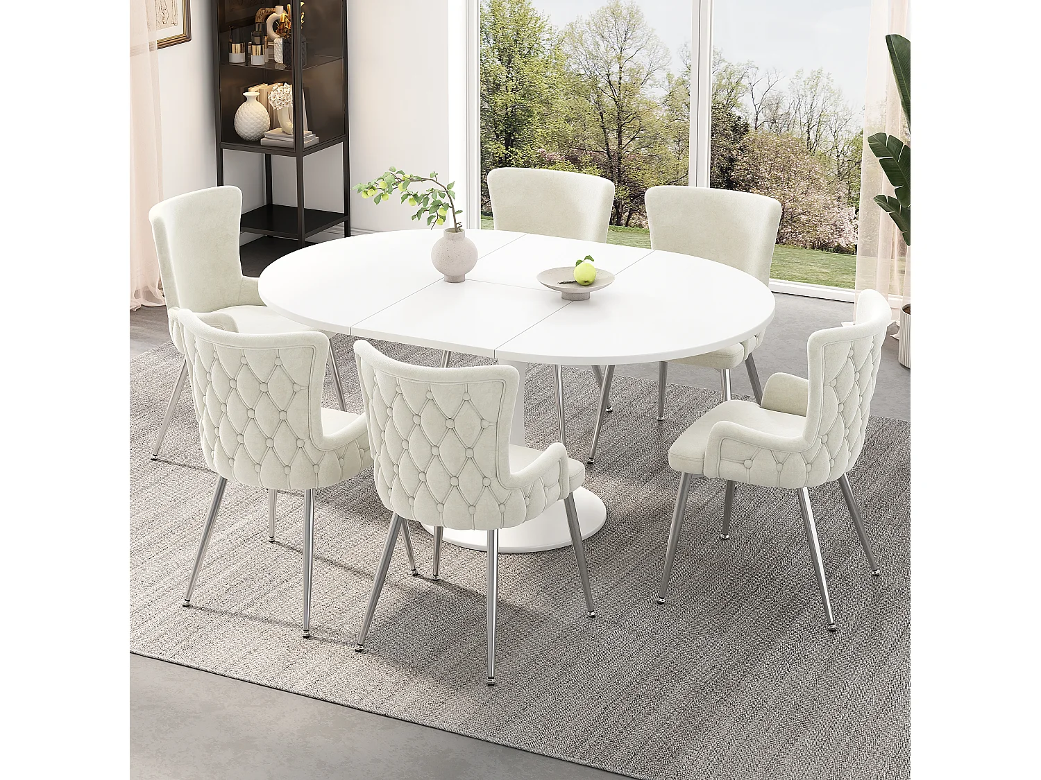 6-delige fluwelen eetkamerstoelenset met zilveren metalen poten, beige (62,87 x 58,42 x 55,88 cm)