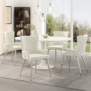 4-delige fluwelen eetkamerstoelenset met zilveren metalen poten, beige (62,87 x 58,42 x 55,88 cm) 4-delige fluwelen eetkamerstoelenset met zilveren metalen poten, beige (62,87 x 58,42 x 55,88 cm)
