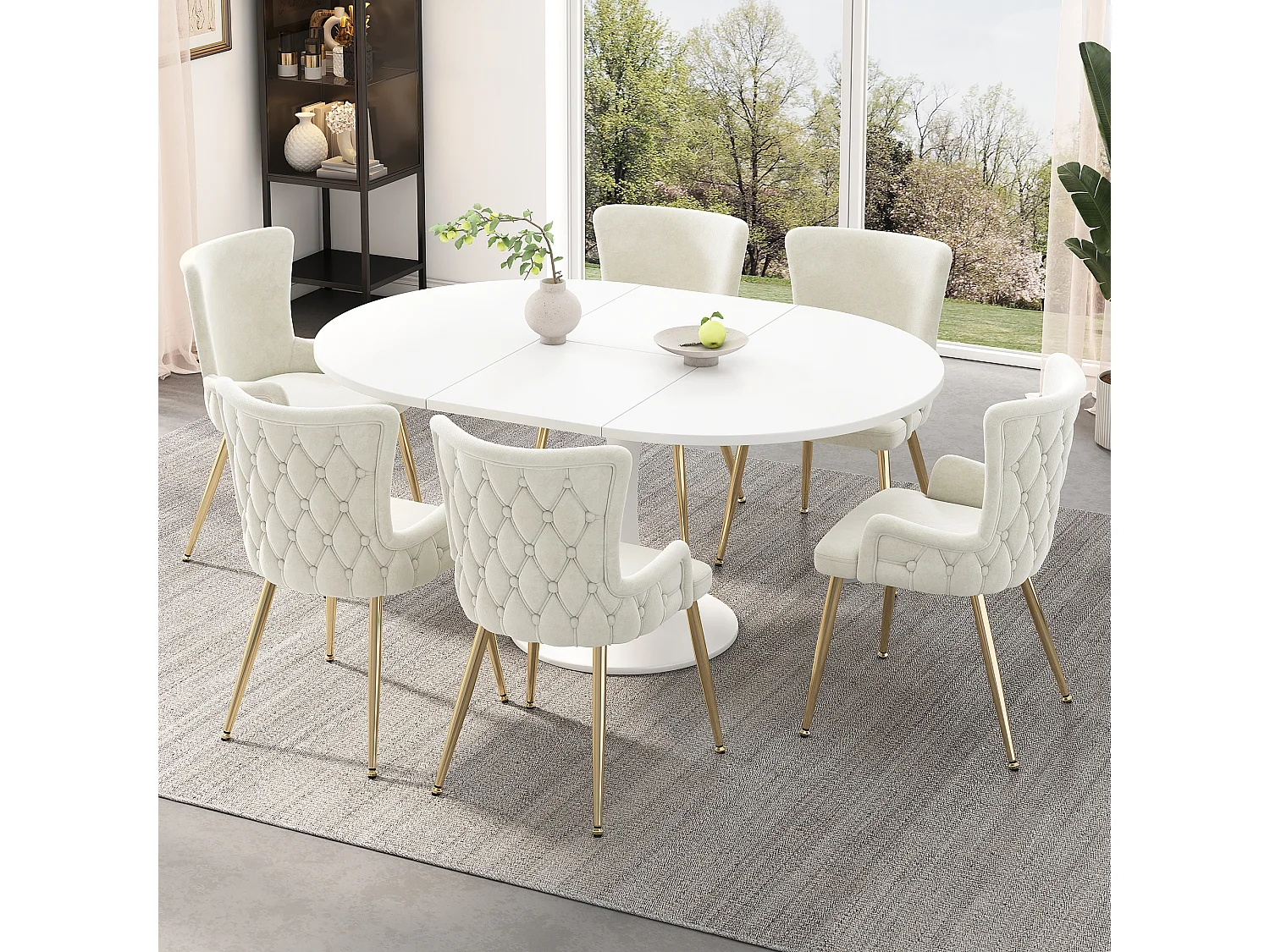 6-delige fluwelen eetkamerstoelenset met gouden metalen poten, beige (62,23 x 58,42 x 55,88 cm)