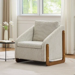 Accentfauteuil, woonkamerfauteuil, houten armleuningen, beige chenillestof, 73,5×73,5×73,5 cm, Set van 1 Accentfauteuil, woonkamerfauteuil, houten armleuningen, beige chenillestof, 73,5×73,5×73,5 cm, Set van 1
