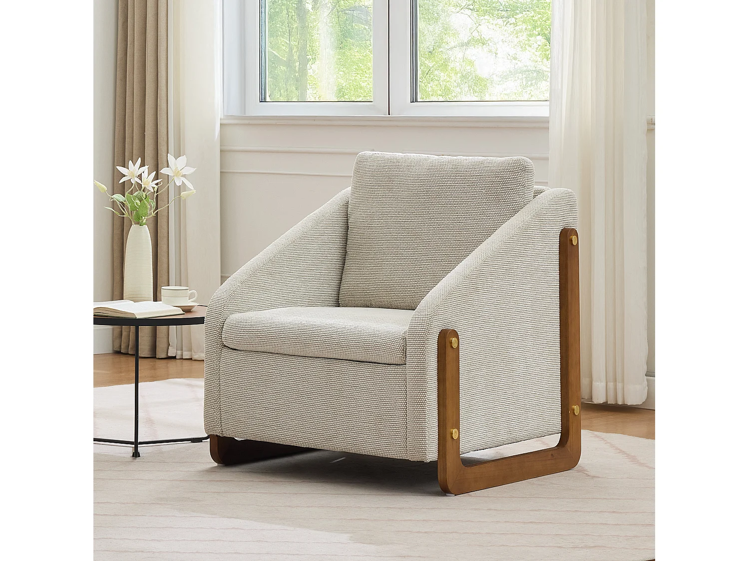 Accentfauteuil, woonkamerfauteuil, houten armleuningen, beige chenillestof, 73,5x73,5x73,5 cm, Set van 1