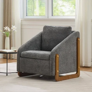 Accentfauteuil, woonkamerfauteuil, houten armleuningen, grijze chenillestof, 73,5×73,5×73,5 cm Accentfauteuil, woonkamerfauteuil, houten armleuningen, grijze chenillestof, 73,5×73,5×73,5 cm