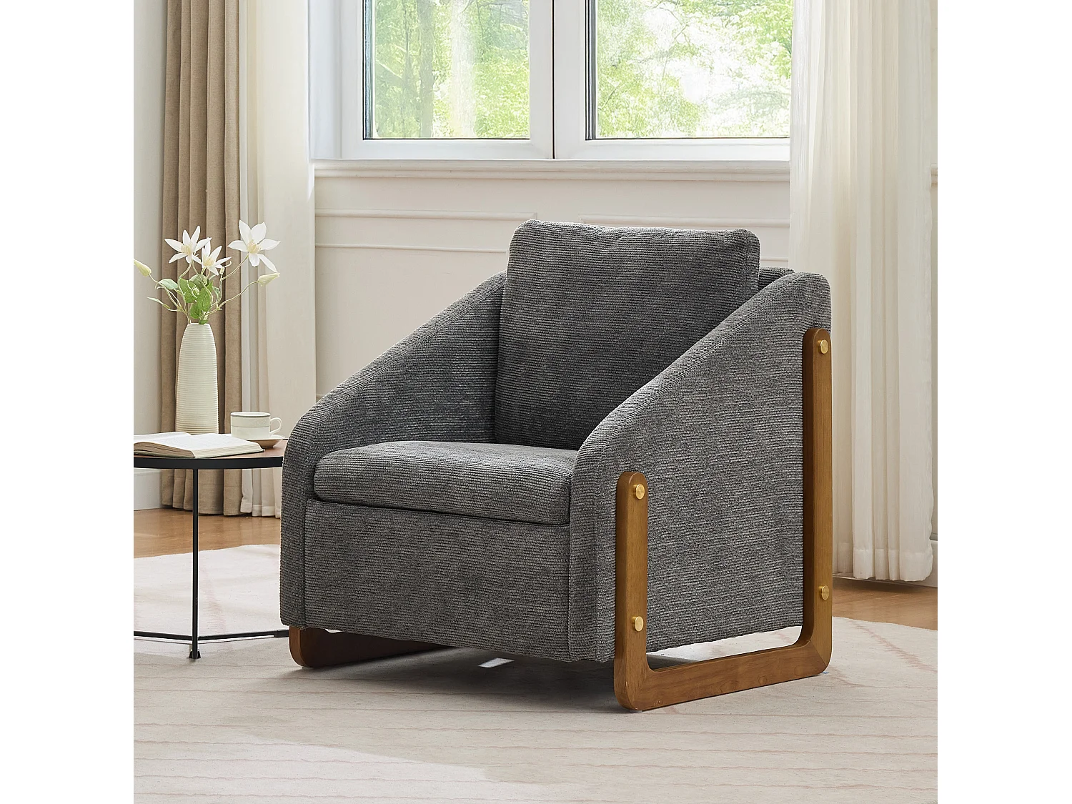 Accentfauteuil, woonkamerfauteuil, houten armleuningen, grijze chenillestof, 73,5x73,5x73,5 cm