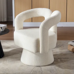 360° draaibare fauteuil, ronde gestoffeerde fauteuil, zachte boucléstof, beige, voor woonkamer, slaapkamer, kantoor, wachtkamer (67x55x74 cm)