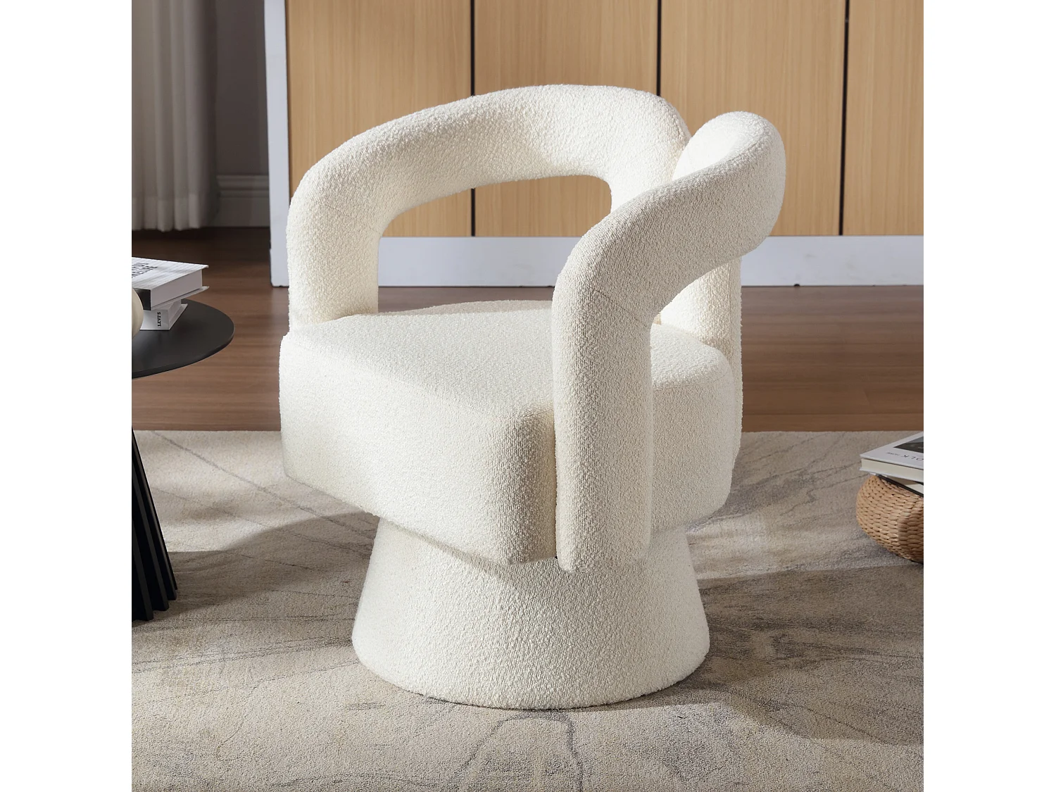 360° draaibare fauteuil, ronde gestoffeerde fauteuil, zachte boucléstof, beige, voor woonkamer, slaapkamer, kantoor, wachtkamer (67x55x74 cm)