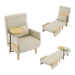 3-in-1 fauteuil met bedfunctie, houten voetenbank, beige linnen stof (62x67x88 cm)