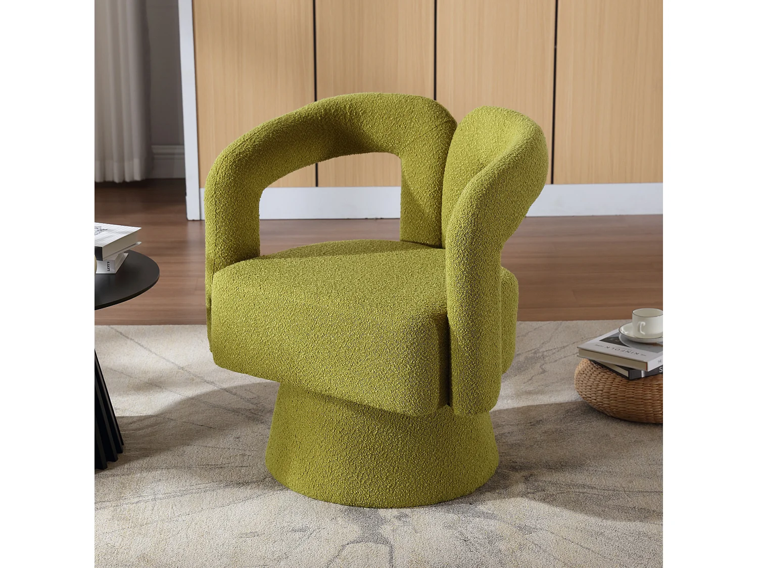 360° draaibare fauteuil, zachte boucléstof, brede vulling, olijfgroen, modern design, voor woonkamer, slaapkamer en kantoor (67x55x74 cm)